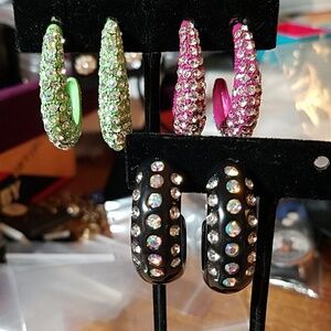 Rhinestone Earrings Green Pink or Black 1.25 Painted Metal